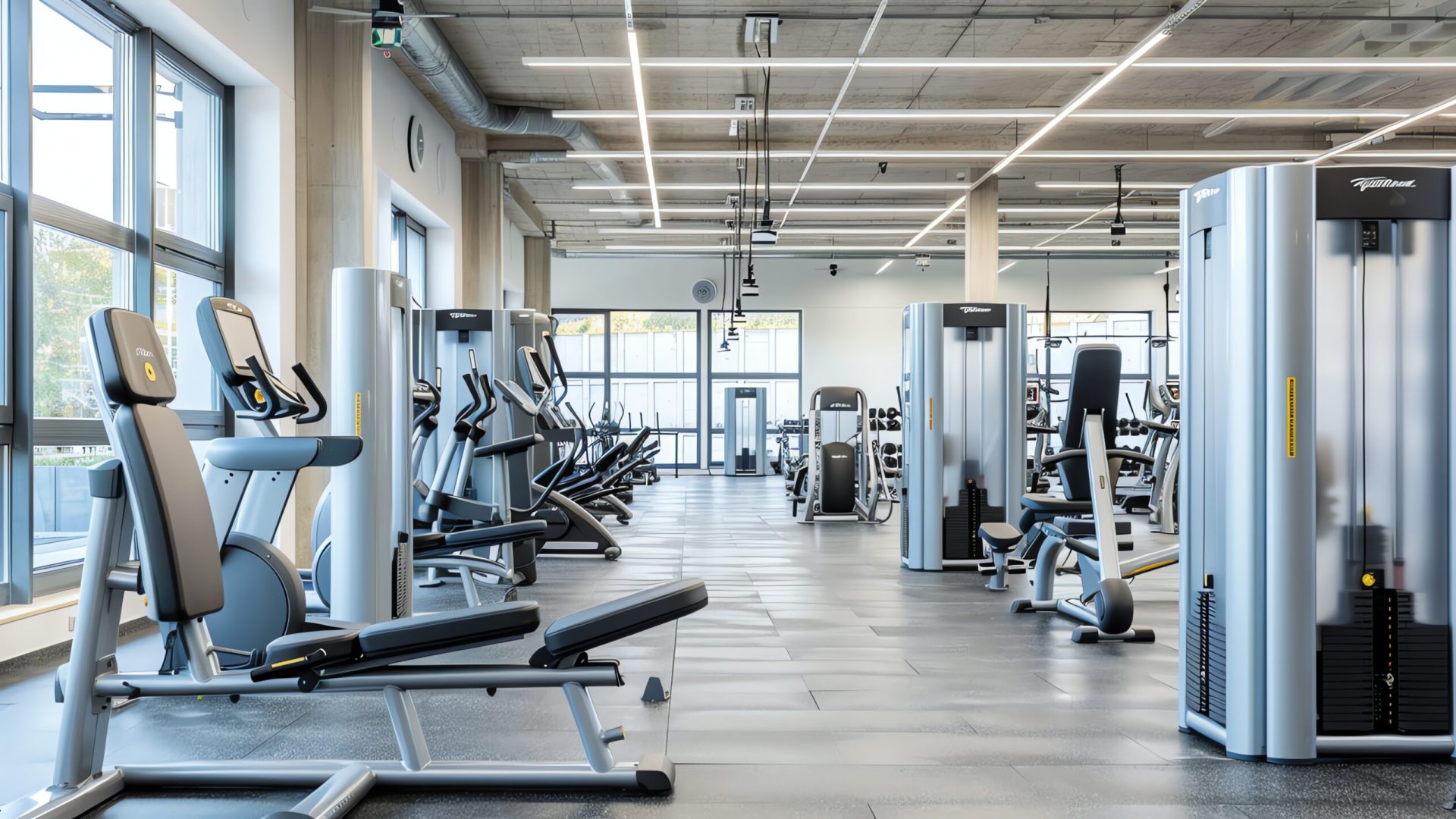 Modern spacious gym interior with various exercise machines and equipment. Large windows provide natural light.